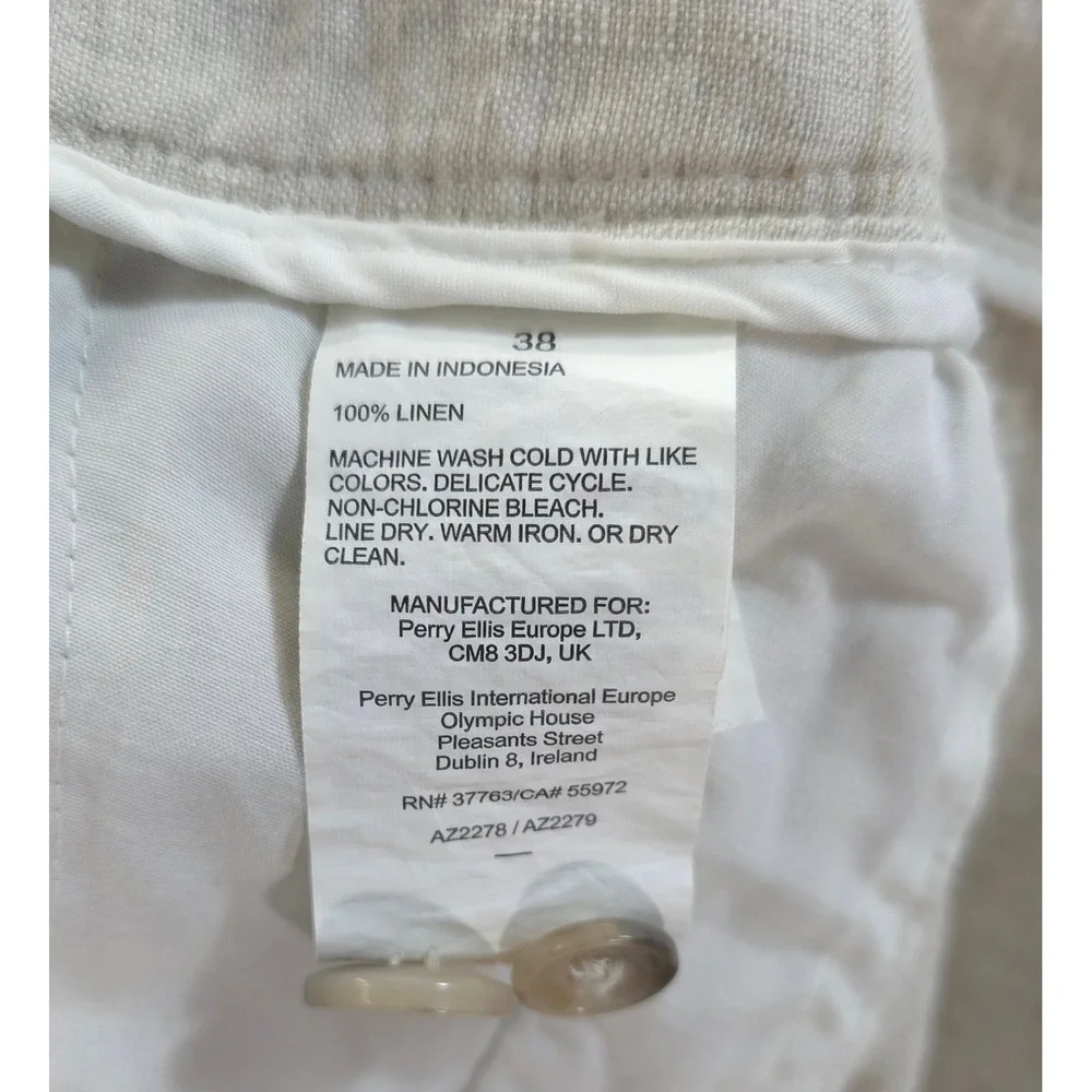 Perry Ellis Linen Pants Men 38 Drawstring Waist Beige Coastal Resortwear